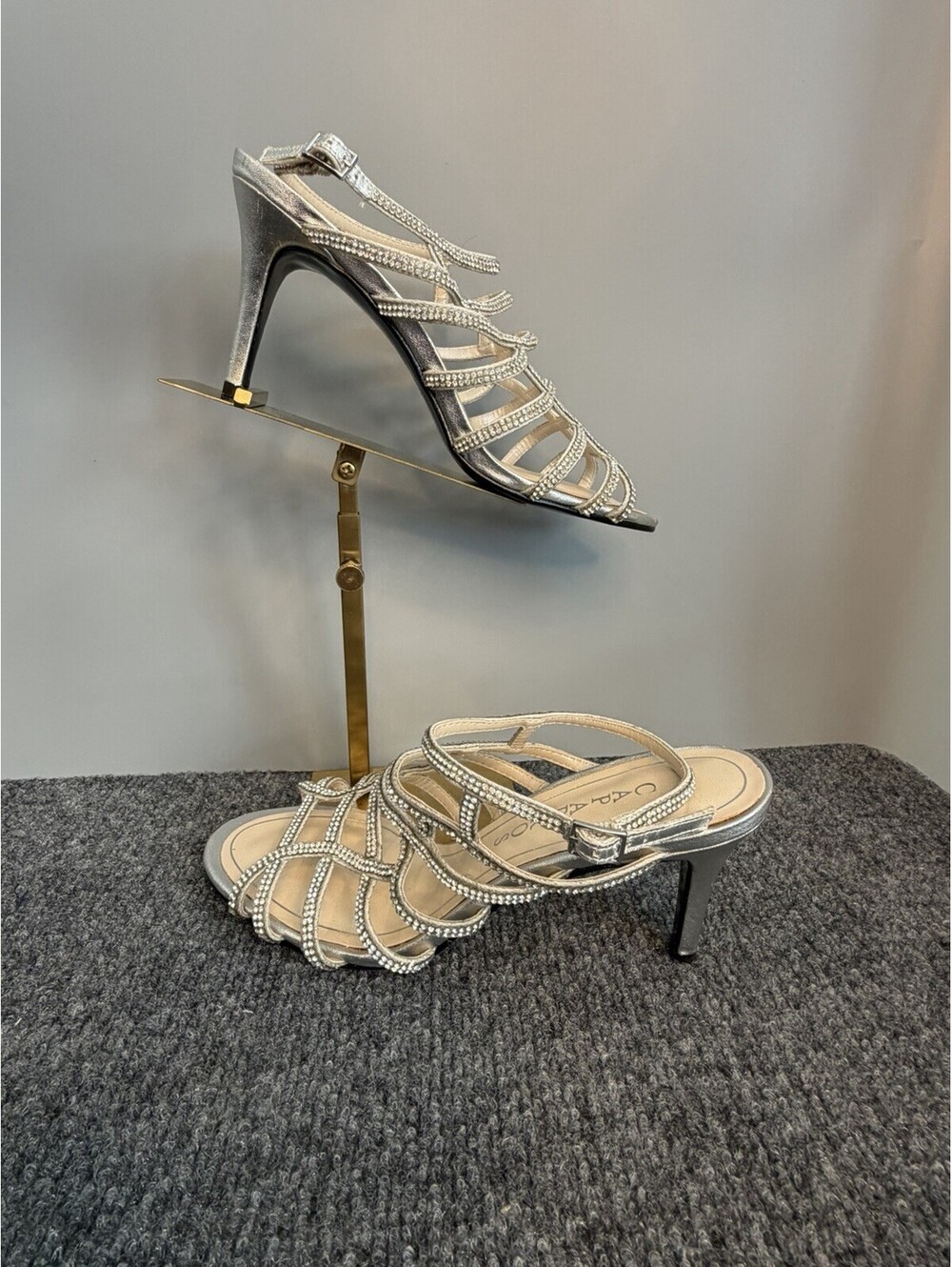Caparros Women’s Silver Leather Strappy Open Toe Ankle Strap Rhinestone 7 Heel